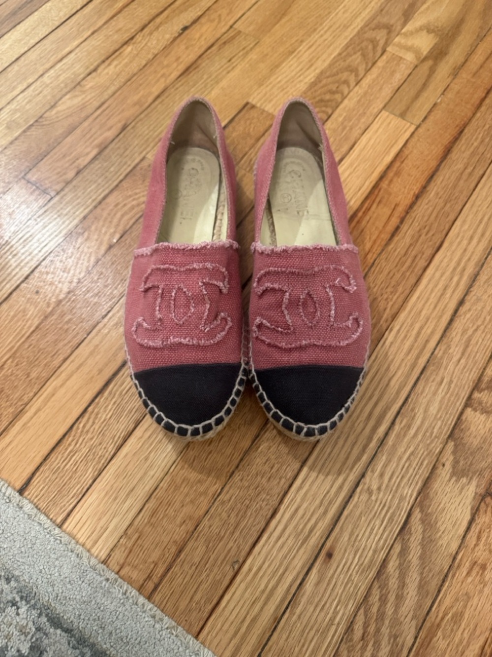 CHANEL Pink Canvas Espadrilles with Black Toe Caps